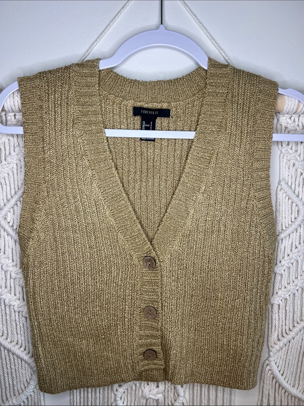 Forever 21 Gold-Tan V-Neck Knit Button-Front Sweater Vest